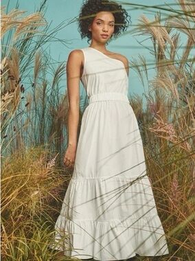 Cara Cara Romy Poplin One-Shoulder Tiered Midi Dress in white Size Small